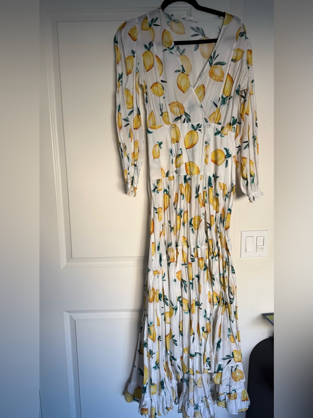 White Lemon-Print Maxi Wrap Dress